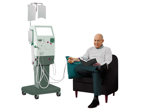 Home HD patient performing dialysis at home while reading a book