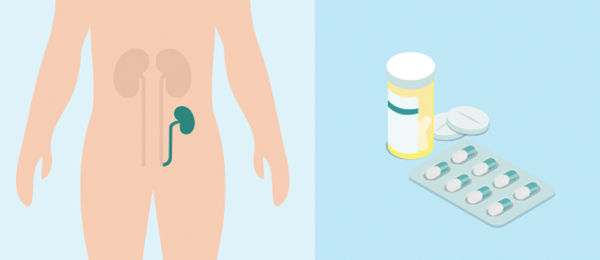Image of a body with an animation of kidneys showing, and an image of oral medications